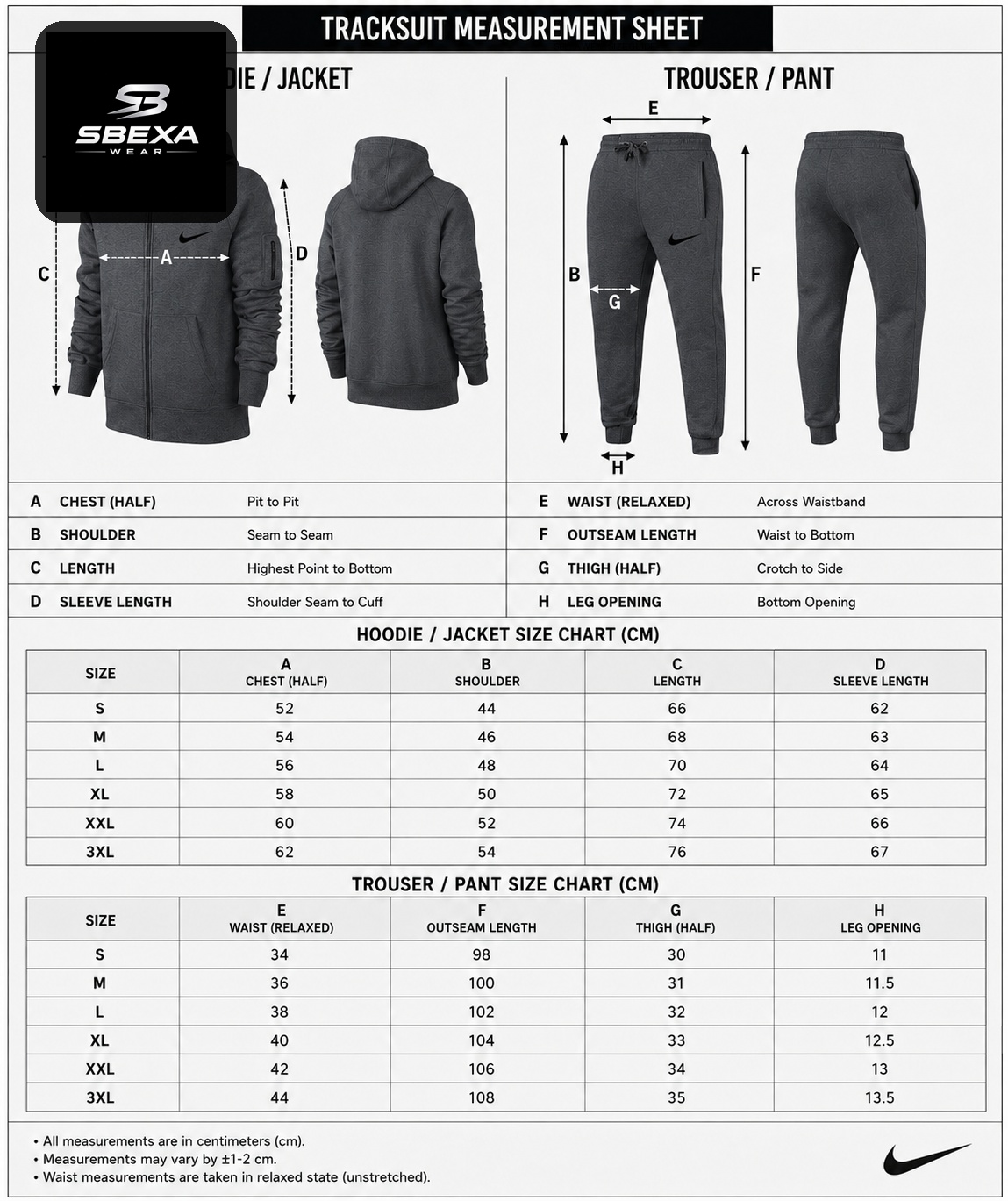 Sbexa Wear branded measurement sheet